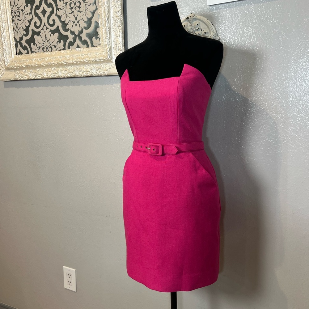 Victor Costa Vibrant Pink Strapless Sheath Dress with Belt - Picture 2 of 12
